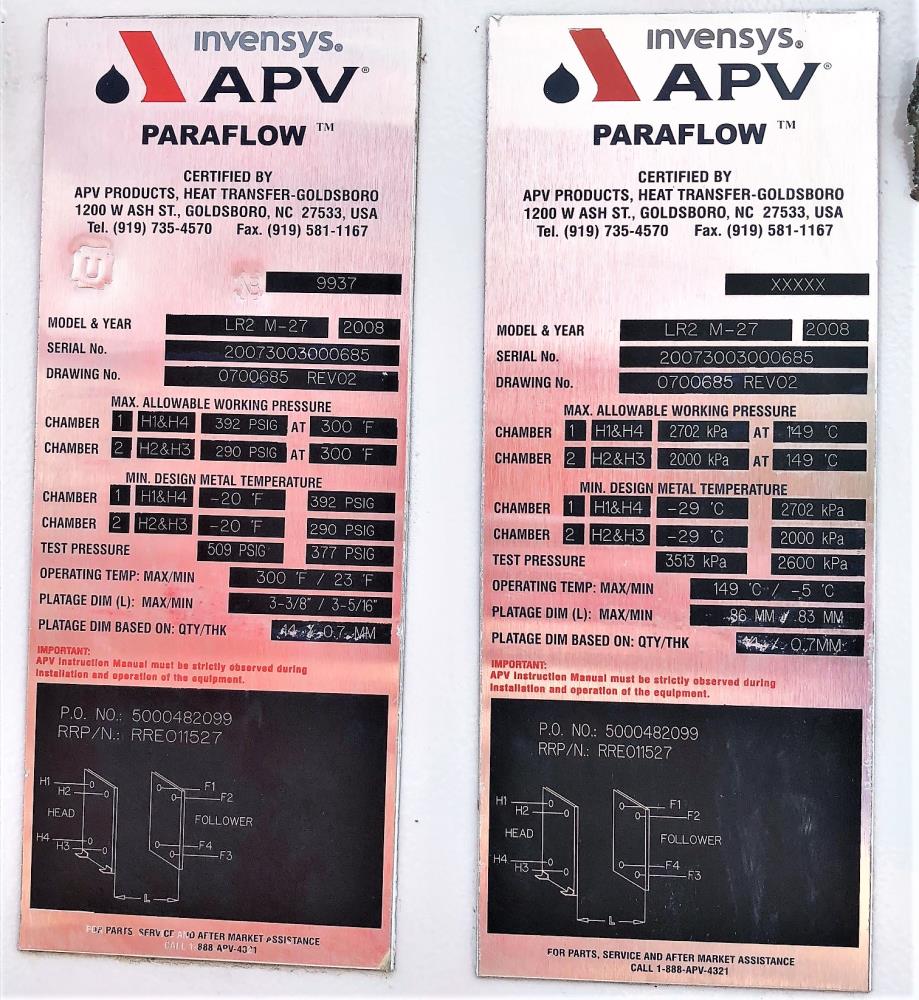 Invensys APV Products ‘Paraflow’ Plate Exchanger, Model# LR2 M-27 • CLEAN USED